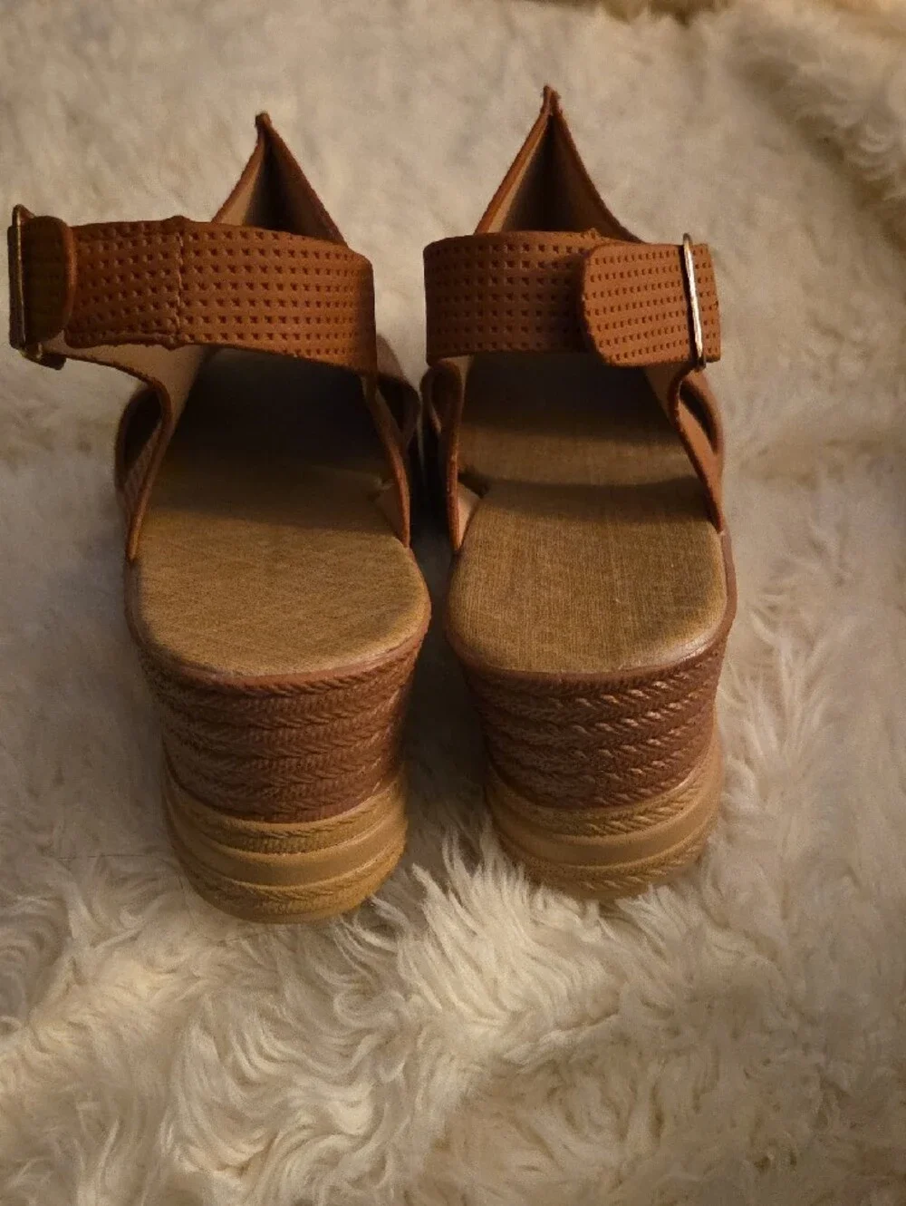 Women's Open-Toe Wedge Sandals in Cognac Tan - Adjustable Slingback